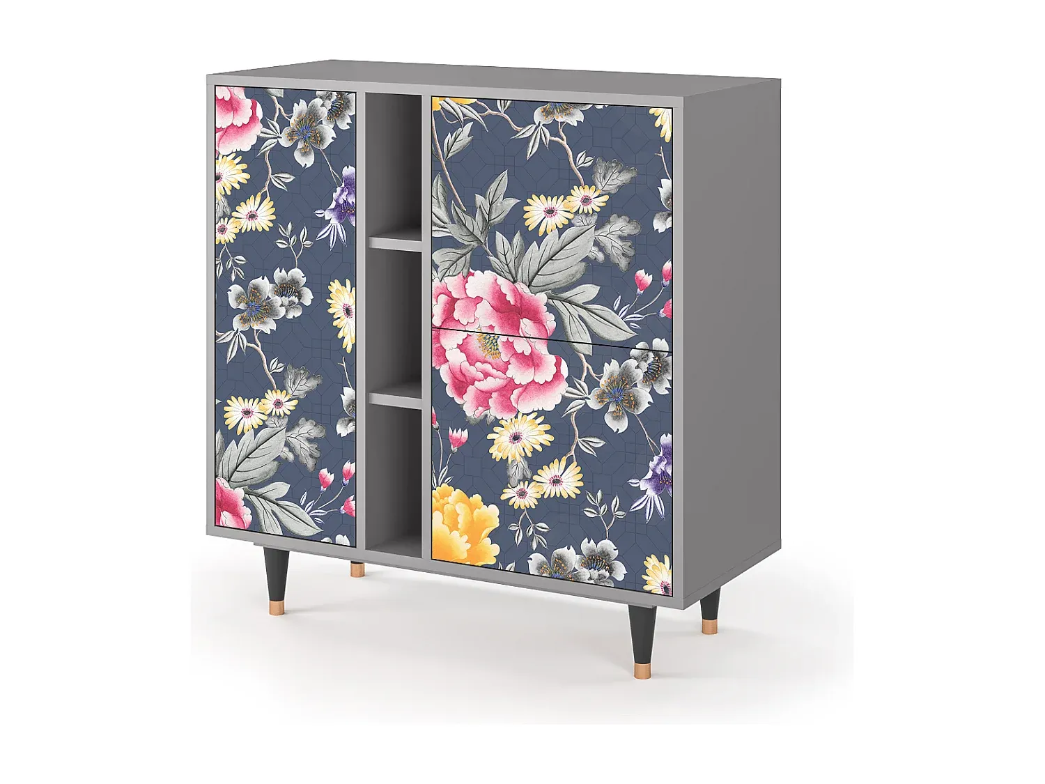 Kommode mit Dunkelblumenmuster, Grau, 94x96x41 cm-Vibyogi