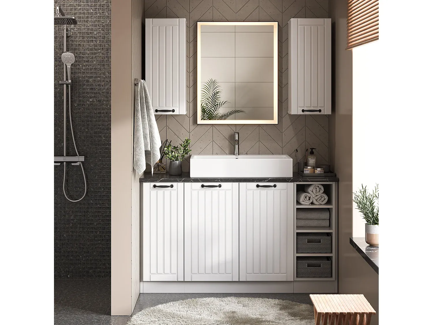 Moderner Badschrank in Anthrazit-Gold mit Regalplatz-Vibyogi