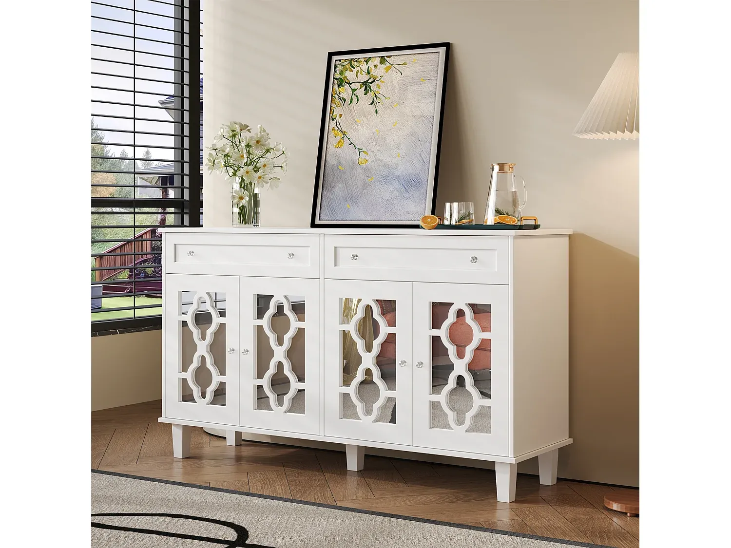 Kompaktes Sideboard mit Spiegeltüren und Schubladen in Weiß-Vibyogi