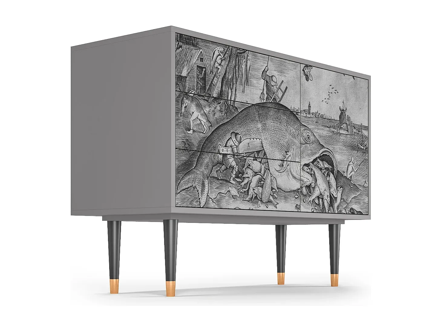 Moderner Sideboard mit Fischmotiv, Grau-Vibyogi