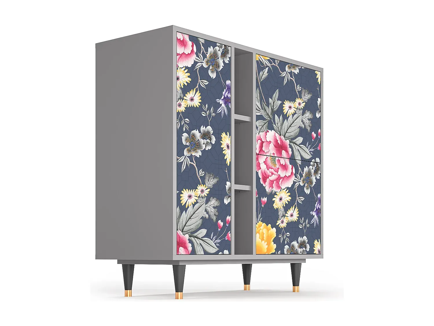 Kommode mit Dunkelblumenmuster, Grau, 94x96x41 cm-Vibyogi