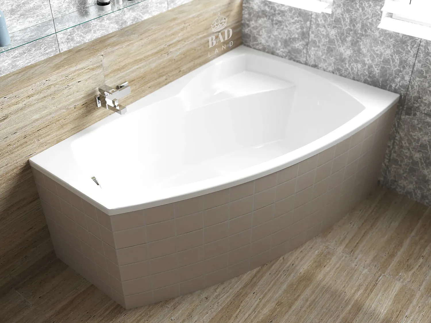 Eckbadewanne 150x100 cm rechts mit Gratis Ablauf und Füßen-Vibyogi