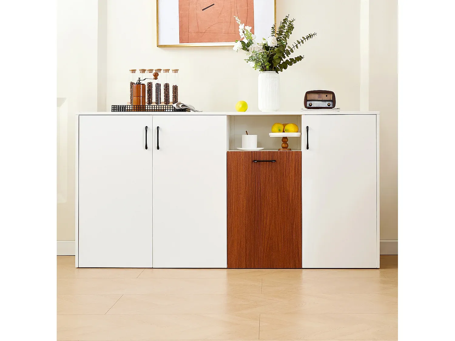 Modernes Sideboard mit 4 Türen, 160 x 40 x 80 cm, für Wohn- und Küchenbereich, Weiß-Vibyogi