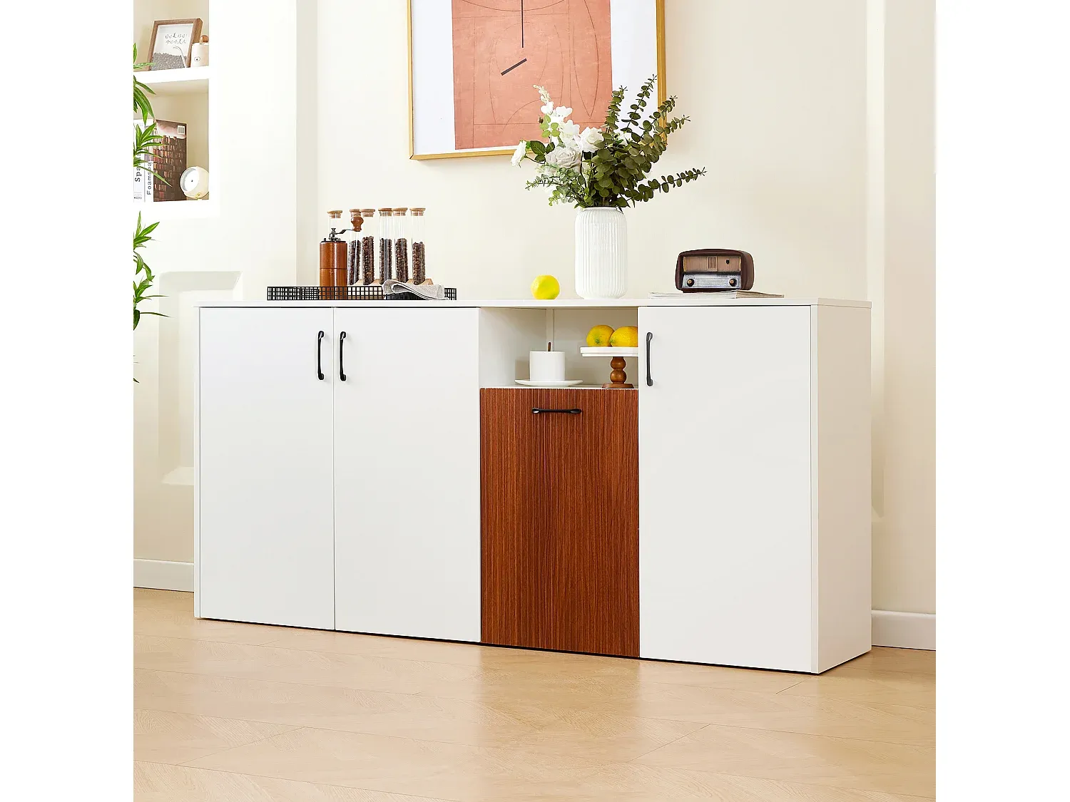 Modernes Sideboard mit 4 Türen, 160 x 40 x 80 cm, für Wohn- und Küchenbereich, Weiß-Vibyogi