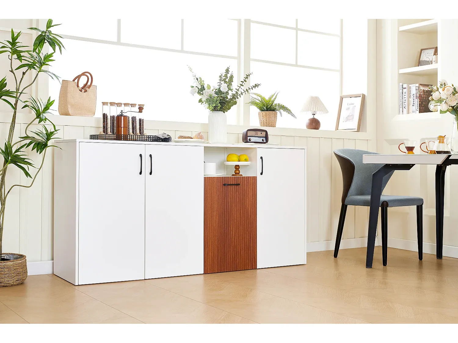 Modernes Sideboard mit 4 Türen, 160 x 40 x 80 cm, für Wohn- und Küchenbereich, Weiß-Vibyogi