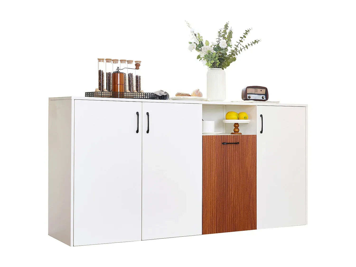 Modernes Sideboard mit 4 Türen, 160 x 40 x 80 cm, für Wohn- und Küchenbereich, Weiß-Vibyogi