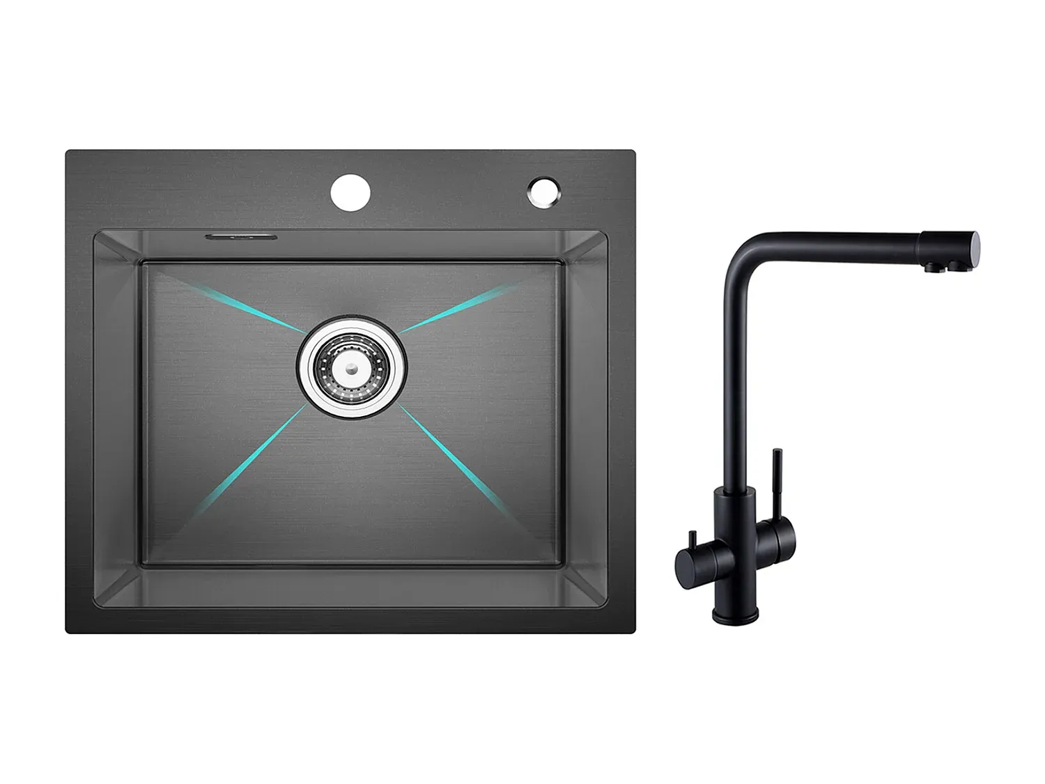 Großes Spülbecken mit 3-Wege-Mischer, Edelstahl, Schwarz