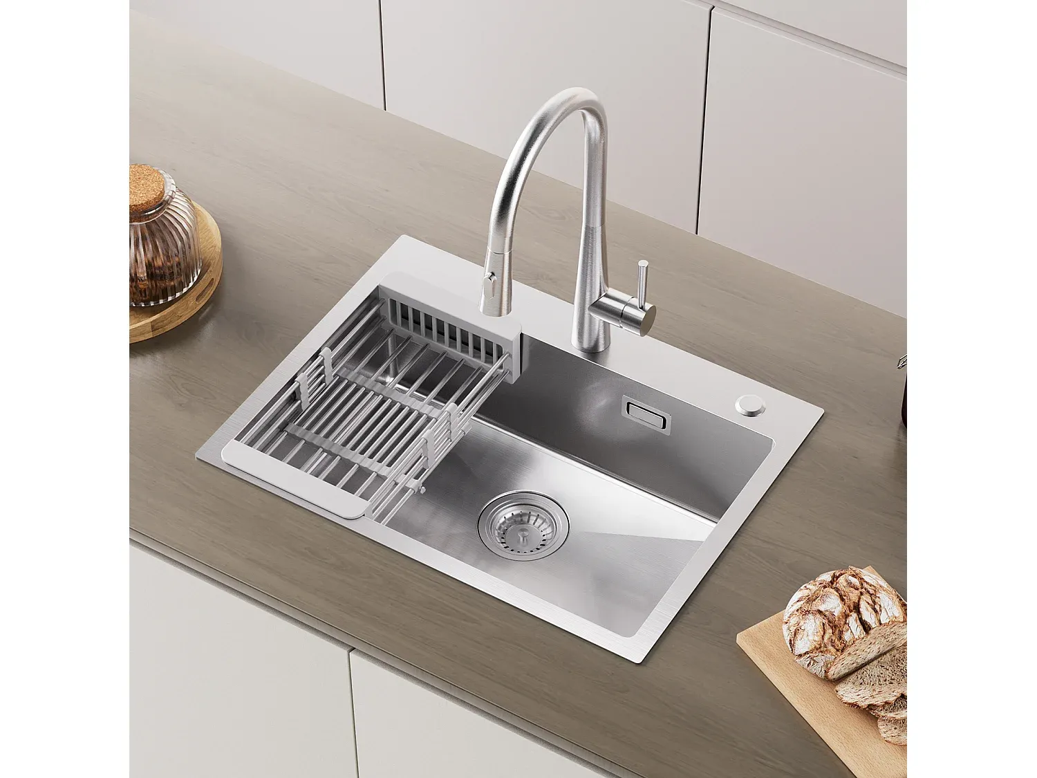 Einzelbecken-Küchenspüle aus Edelstahl mit Ablauffunktion, 60x45x18 cm