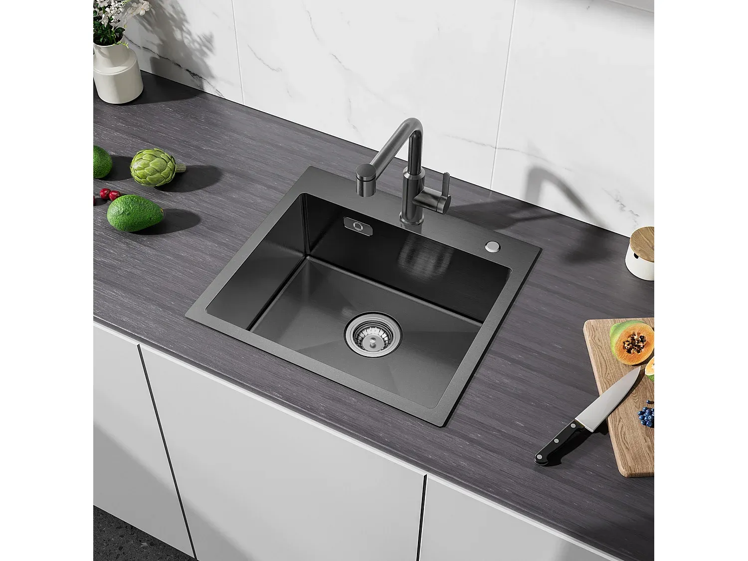 Großes Spülbecken mit 3-Wege-Mischer, Edelstahl, Schwarz