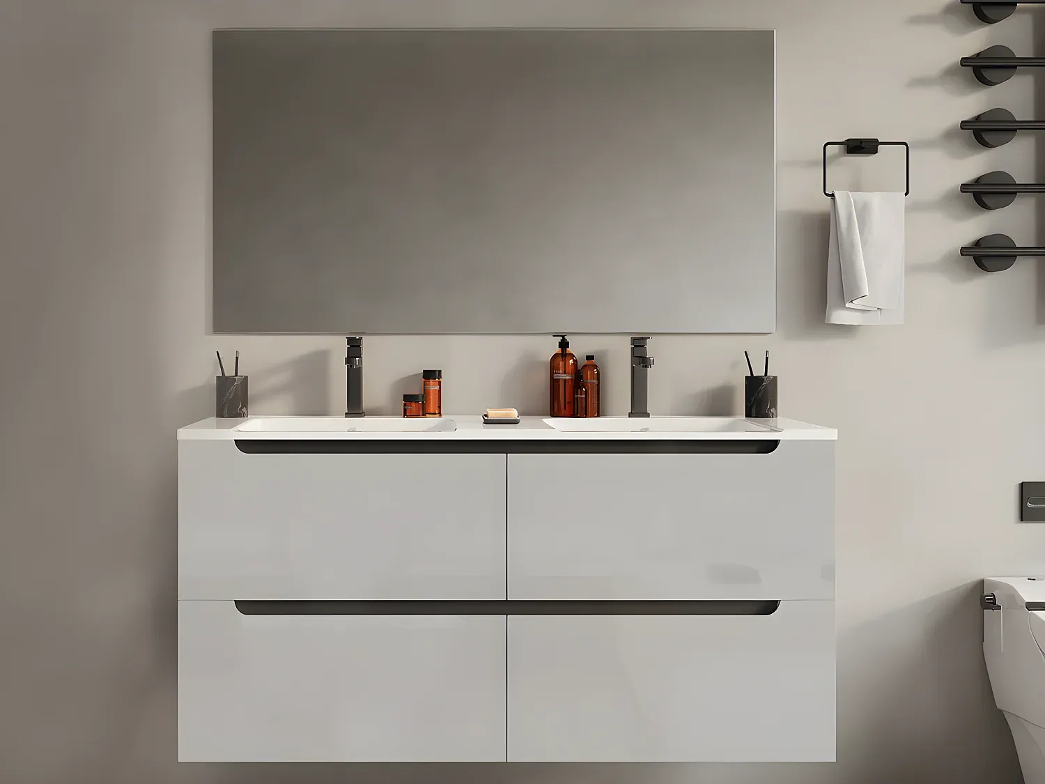 Hängender Waschbeckenunterschrank mit Doppelwaschbecken - Weiß