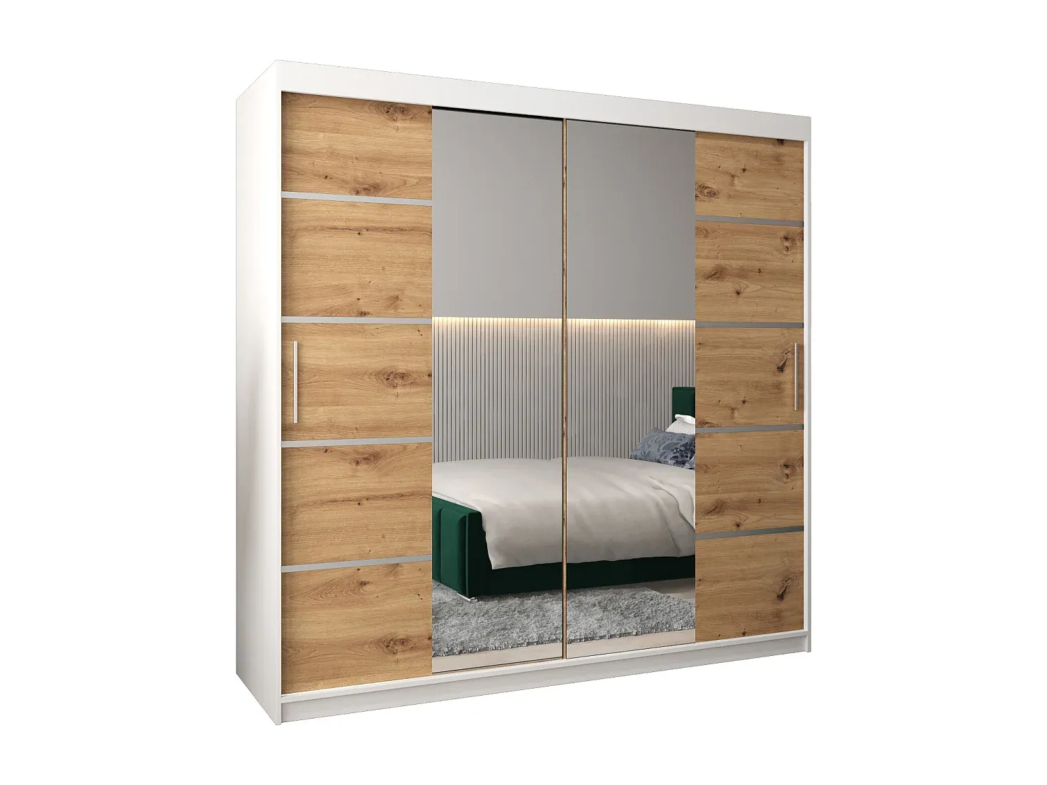 Großer Schwebetürenschrank in Weiß und Holzoptik