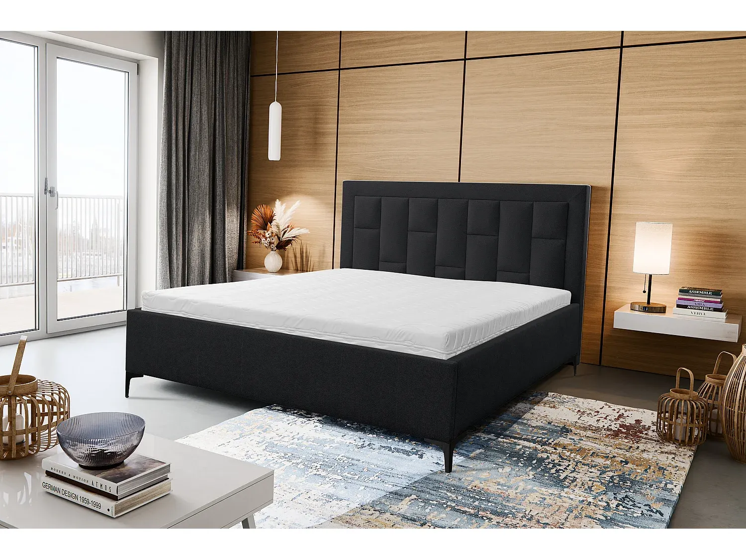 Gemütliches Polsterbett mit Lattenrost und Bettkasten, 140x200 cm, Schwarz