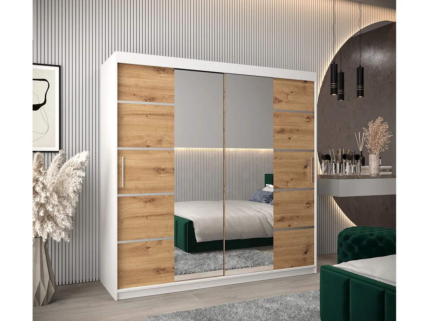 Großer Schwebetürenschrank in Weiß und Holzoptik