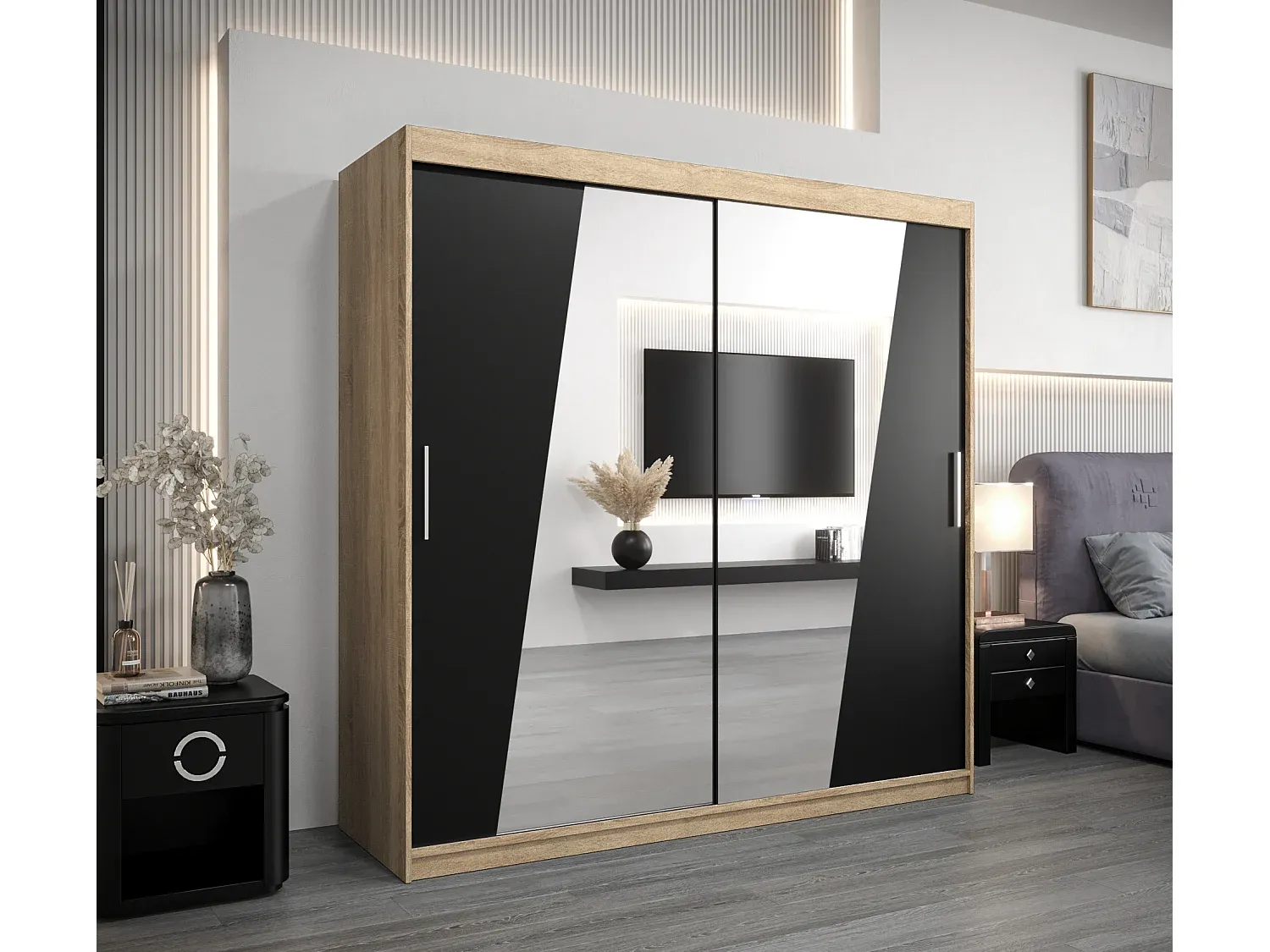 Zweiflügeliger Schwebetürenschrank in Eichenoptik