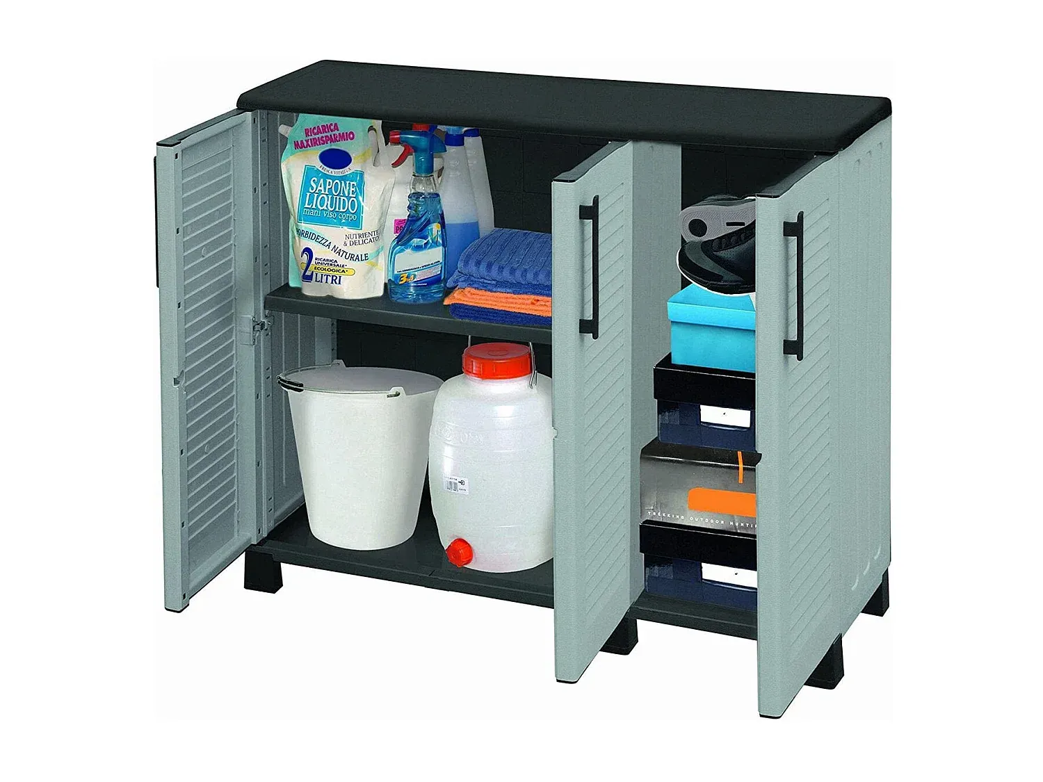 Vielseitiger Outdoor-Schrank mit Streifenmuster, 3 Türen, 102 x 37 x 90 cm