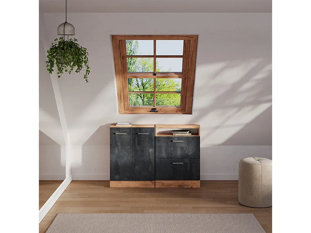 Schranksystem für Dachschrägen, schwarz/beton/gold, 120x46x81.6