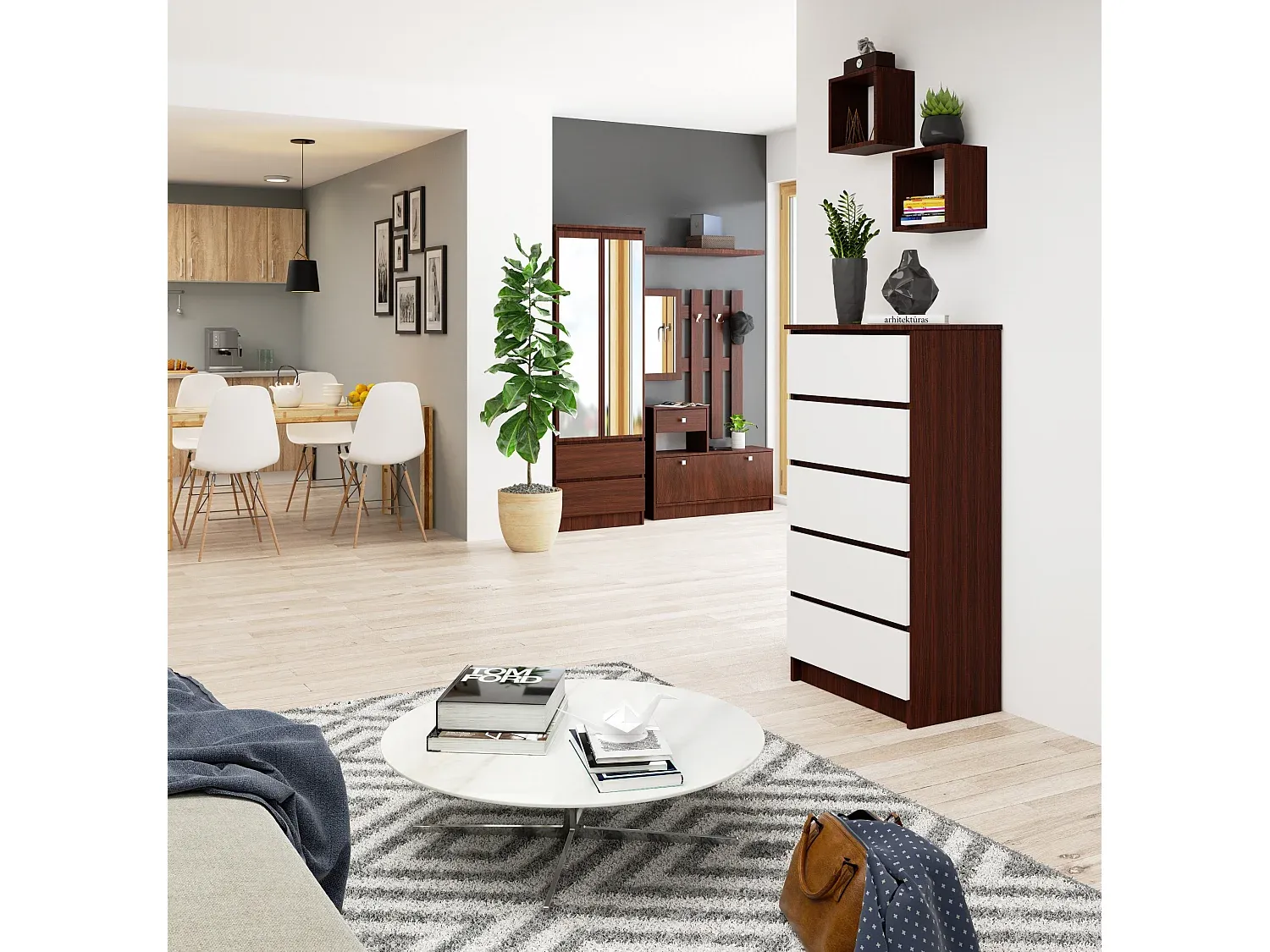 Moderne Kommode mit 5 Schubladen und weißer Front