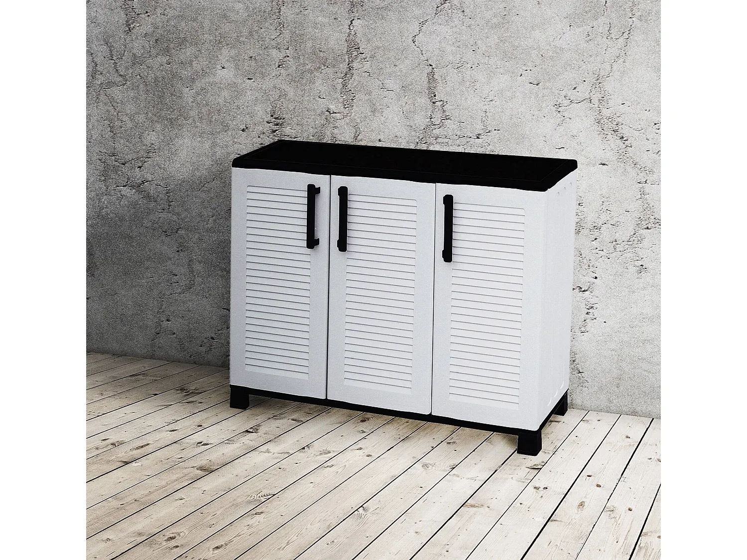 Vielseitiger Outdoor-Schrank mit Streifenmuster, 3 Türen, 102 x 37 x 90 cm