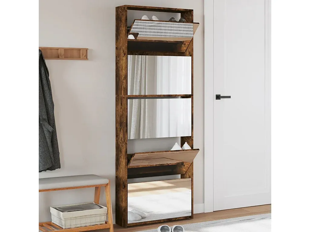 Spiegel-Schuhregal mit 5 Fächern in Eichenoptik