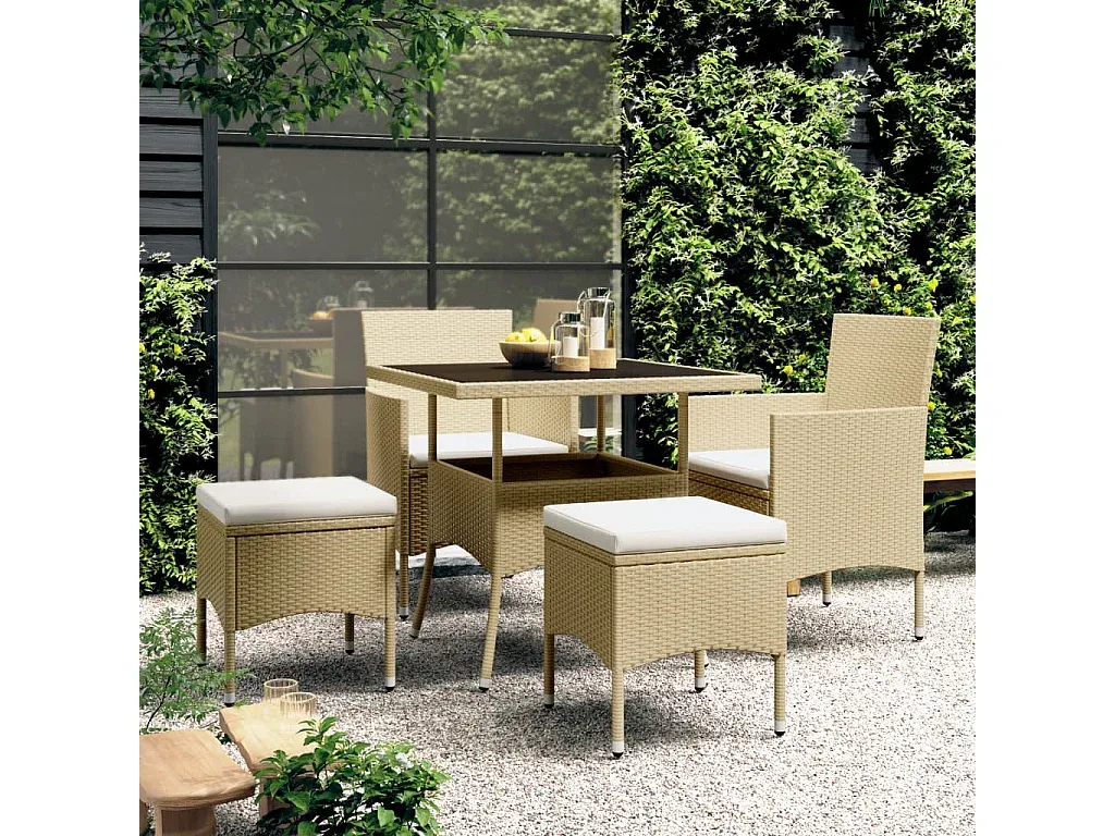 Moderne 5-teilige Garten-Essgruppe aus Poly-Rattan in Beige