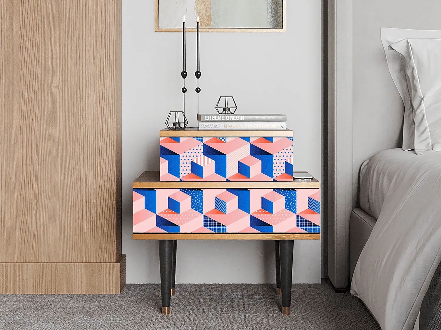 Moderner Nachttisch mit Stauraum, Walnussoptik