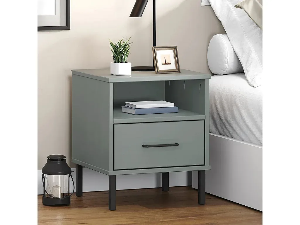 Grauer Nachttisch mit Metallbeinen aus Kiefernholz