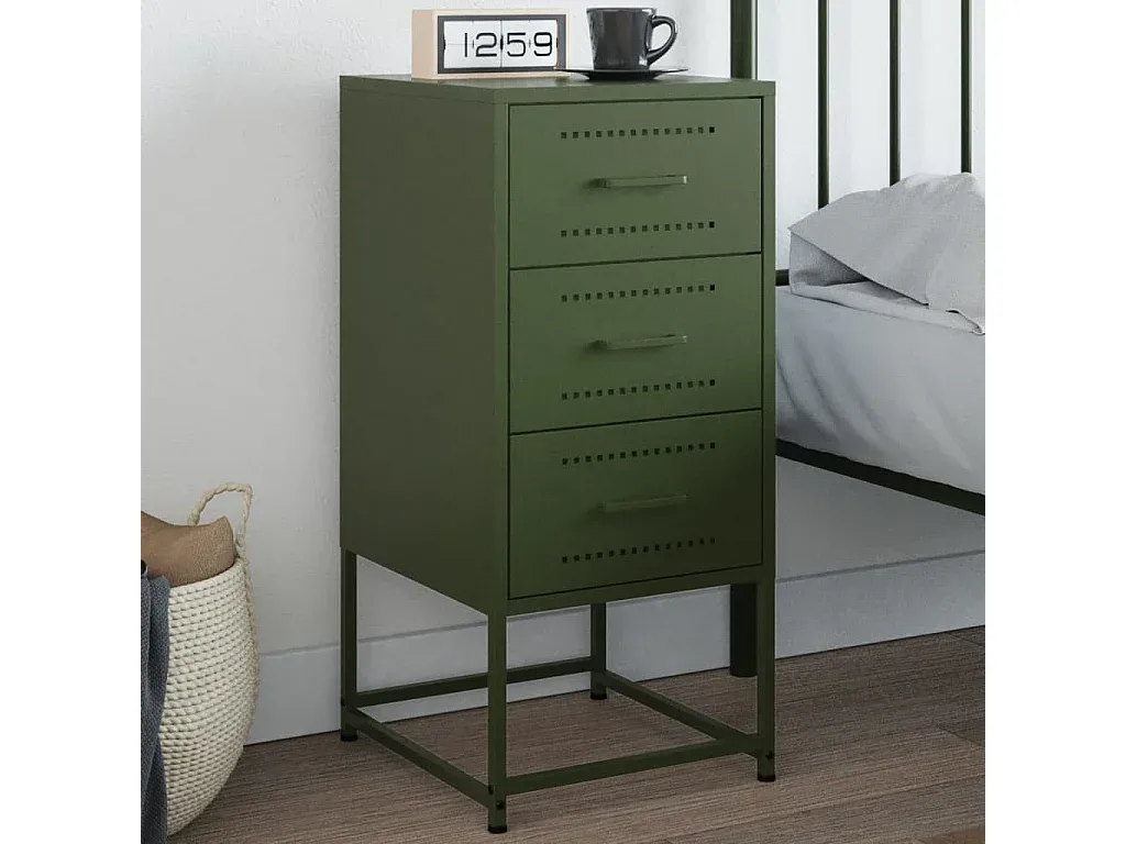 Stahl-Nachttisch in Olivgrün mit großzügigem Stauraum