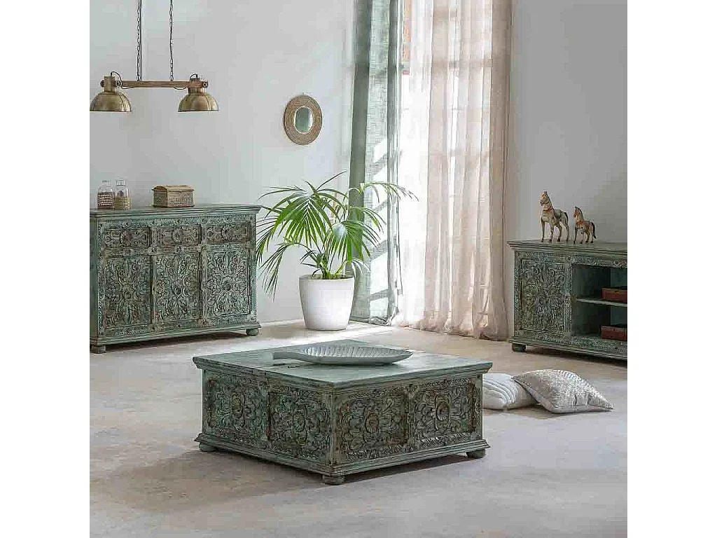 Moderner handgefertigter Holztisch in Blau, 100x100x47 cm