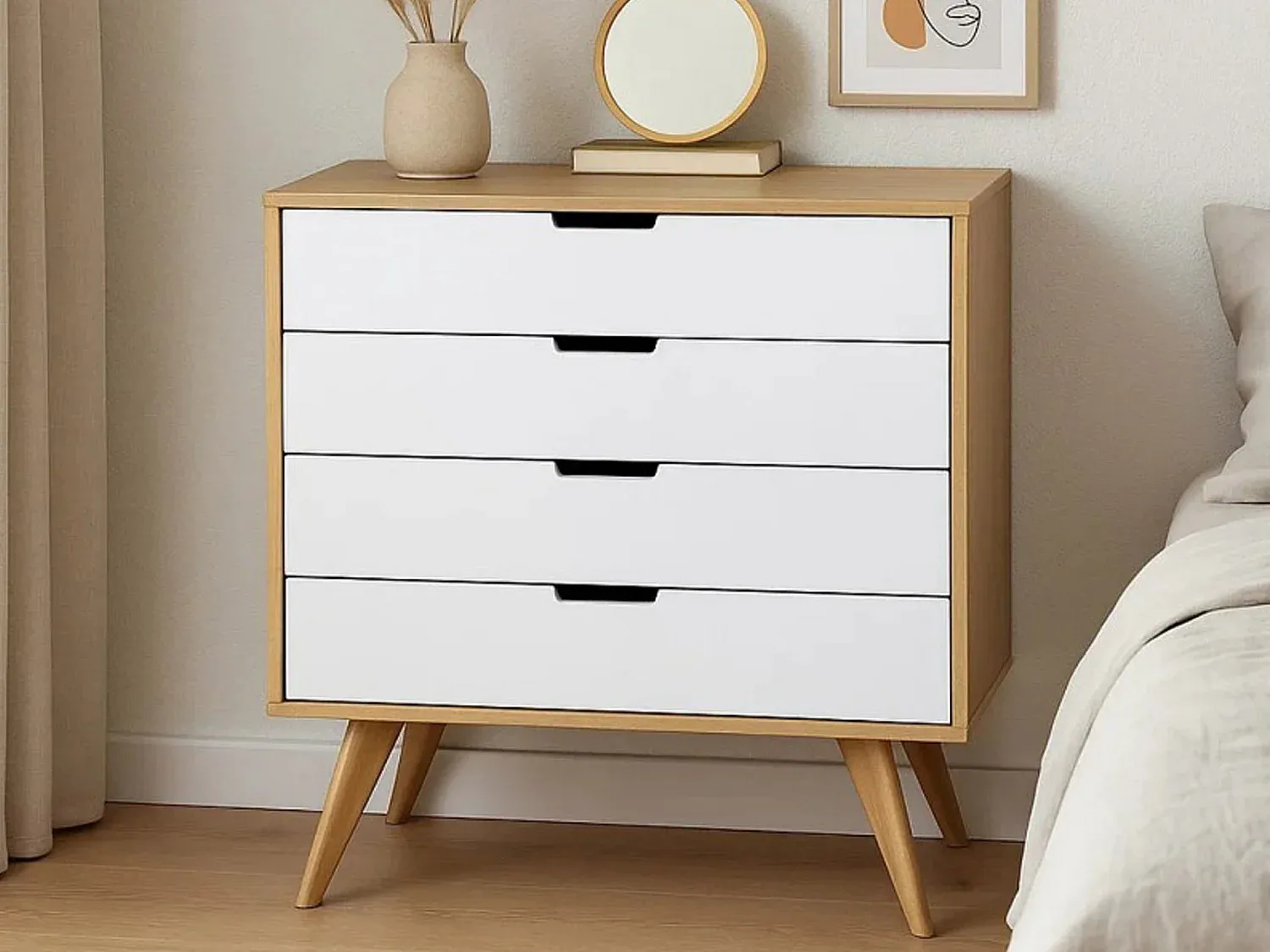 Holzschubladenkommode mit 4 Fächern, Eiche und weiß