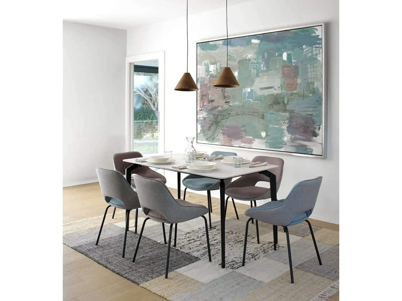 Moderne gepolsterte Esszimmerstühle im 4er-Set, Blau/Grau mit Metallbeinen