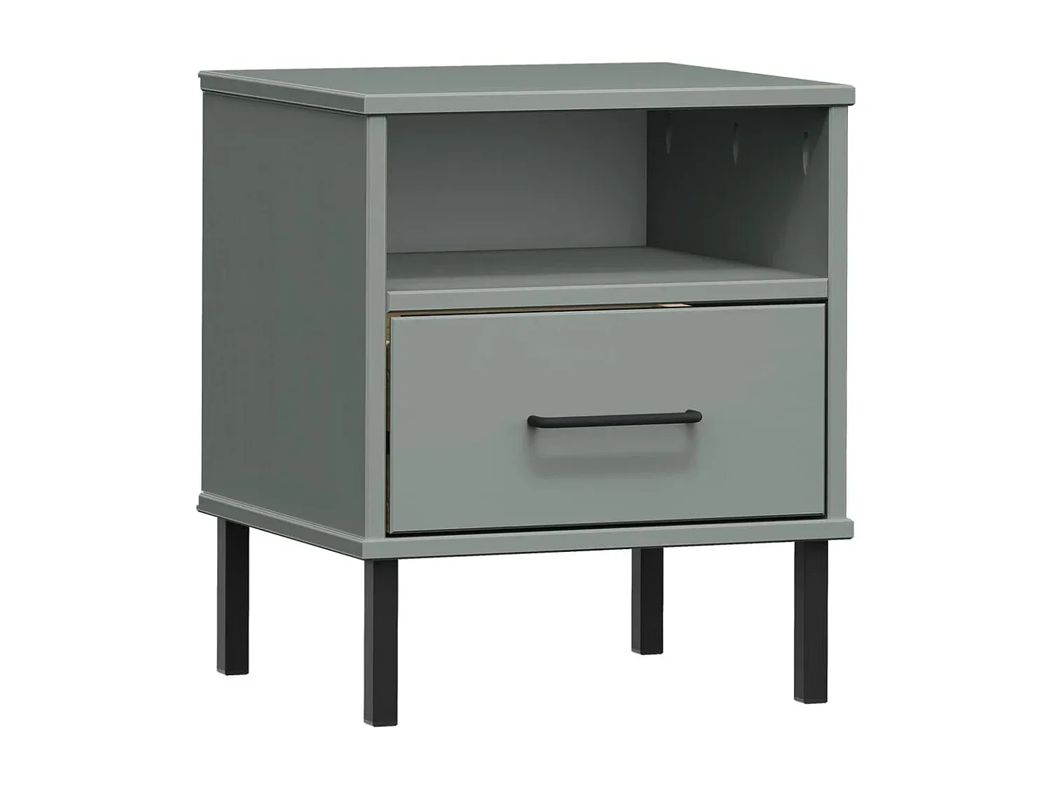 Grauer Nachttisch mit Metallbeinen aus Kiefernholz