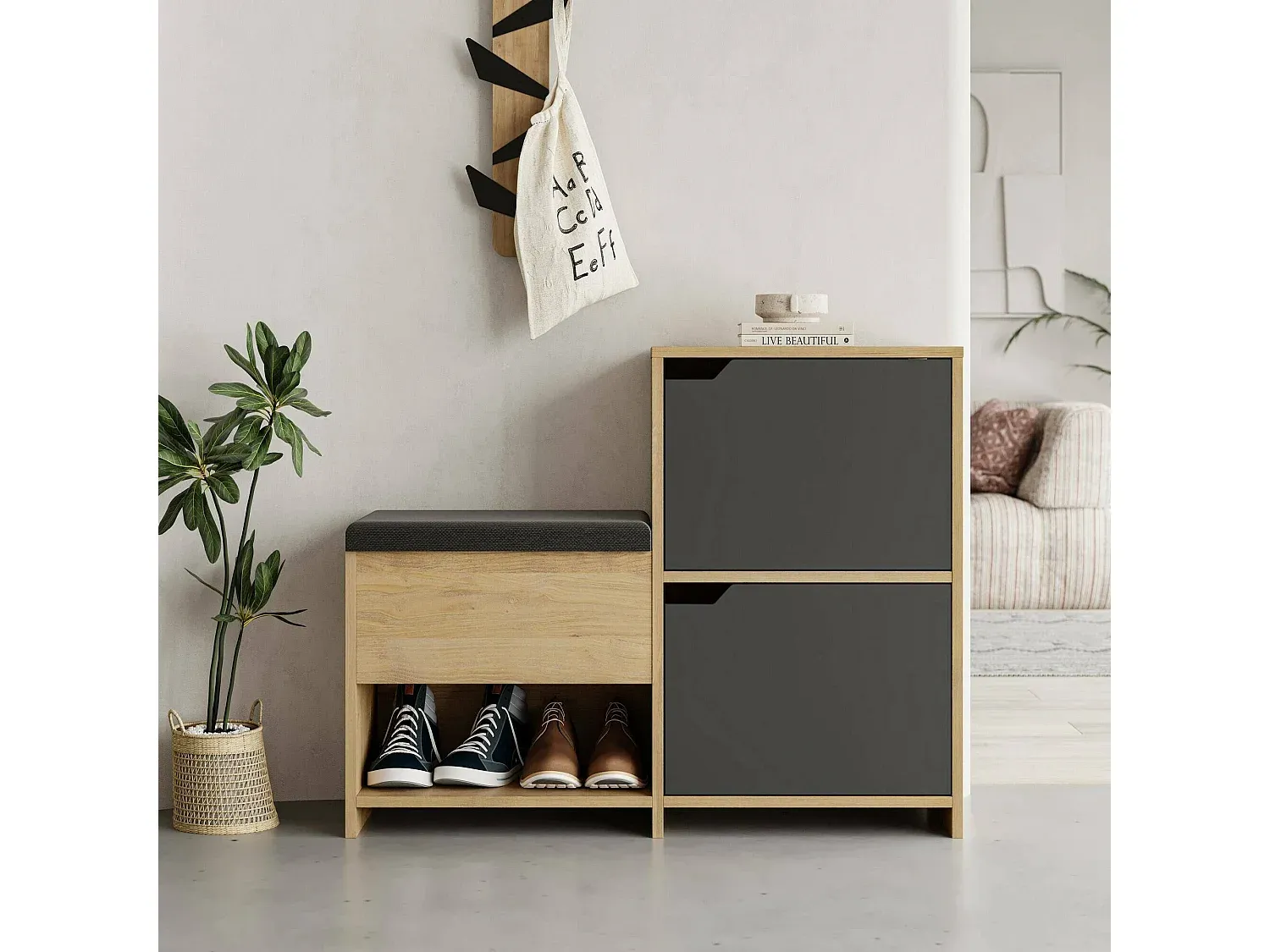 Moderner Schuhschrank mit Sitzbank aus Eiche und Anthrazit