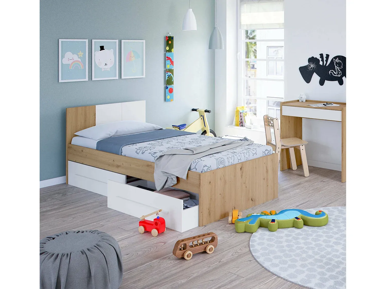 Einzelbett mit Kopfteil und Stauraum, Eiche und Weiß