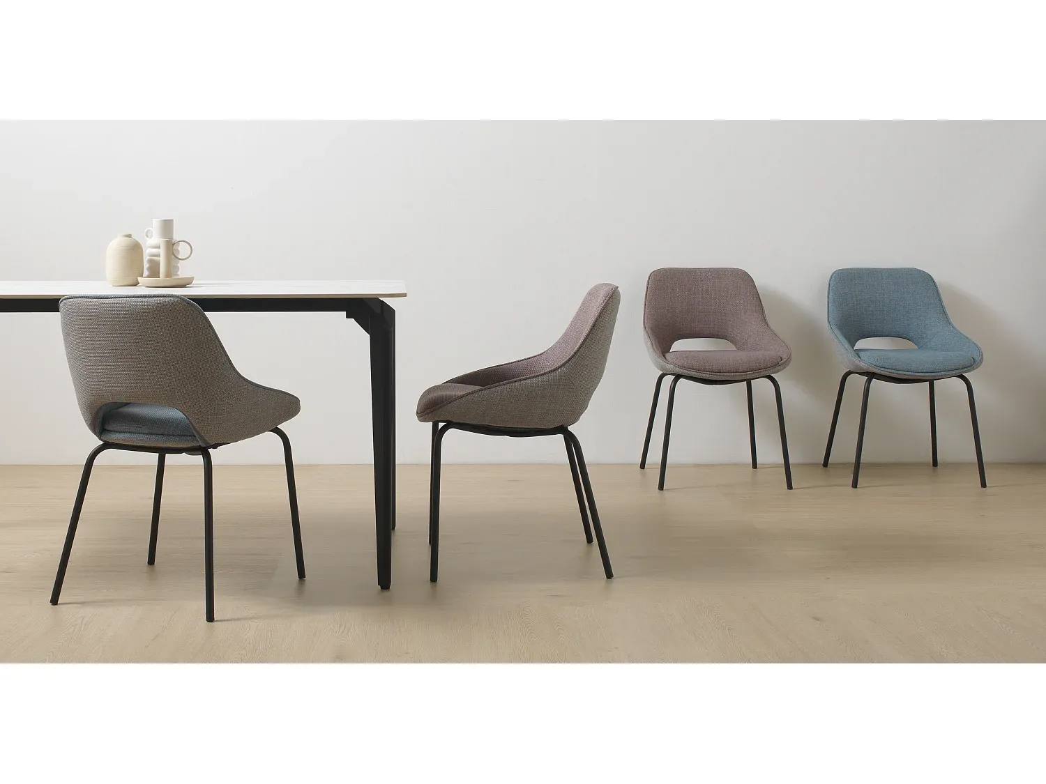 Moderne gepolsterte Esszimmerstühle im 4er-Set, Blau/Grau mit Metallbeinen