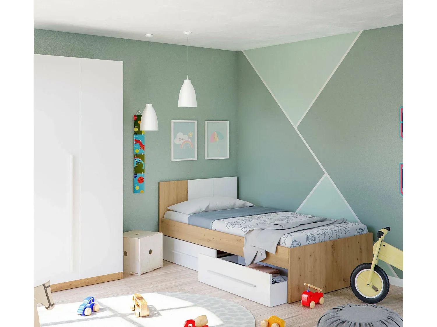 Einzelbett mit Kopfteil und Stauraum, Eiche und Weiß