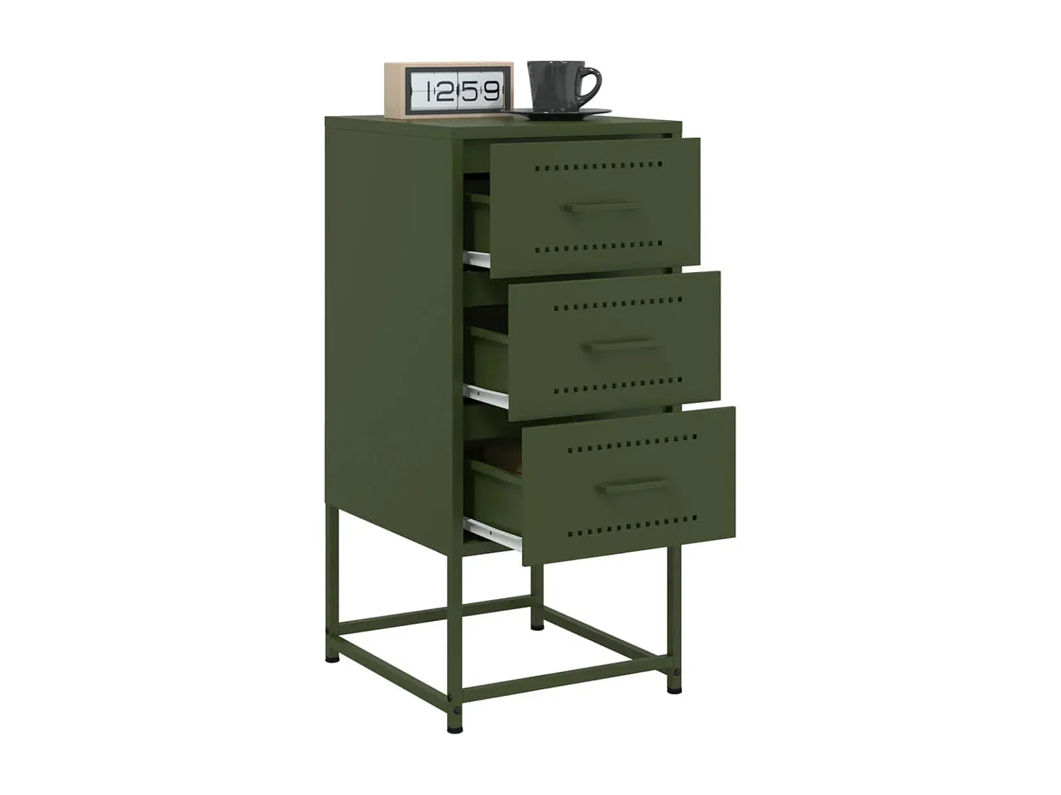 Stahl-Nachttisch in Olivgrün mit großzügigem Stauraum