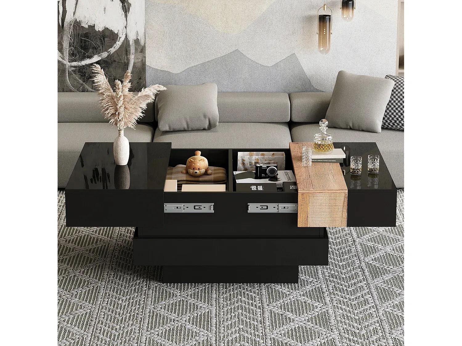 Moderner Couchtisch, ausziehbar mit Stauraum, schwarz