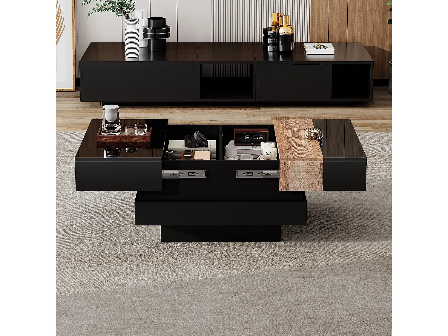 Moderner Couchtisch, ausziehbar mit Stauraum, schwarz