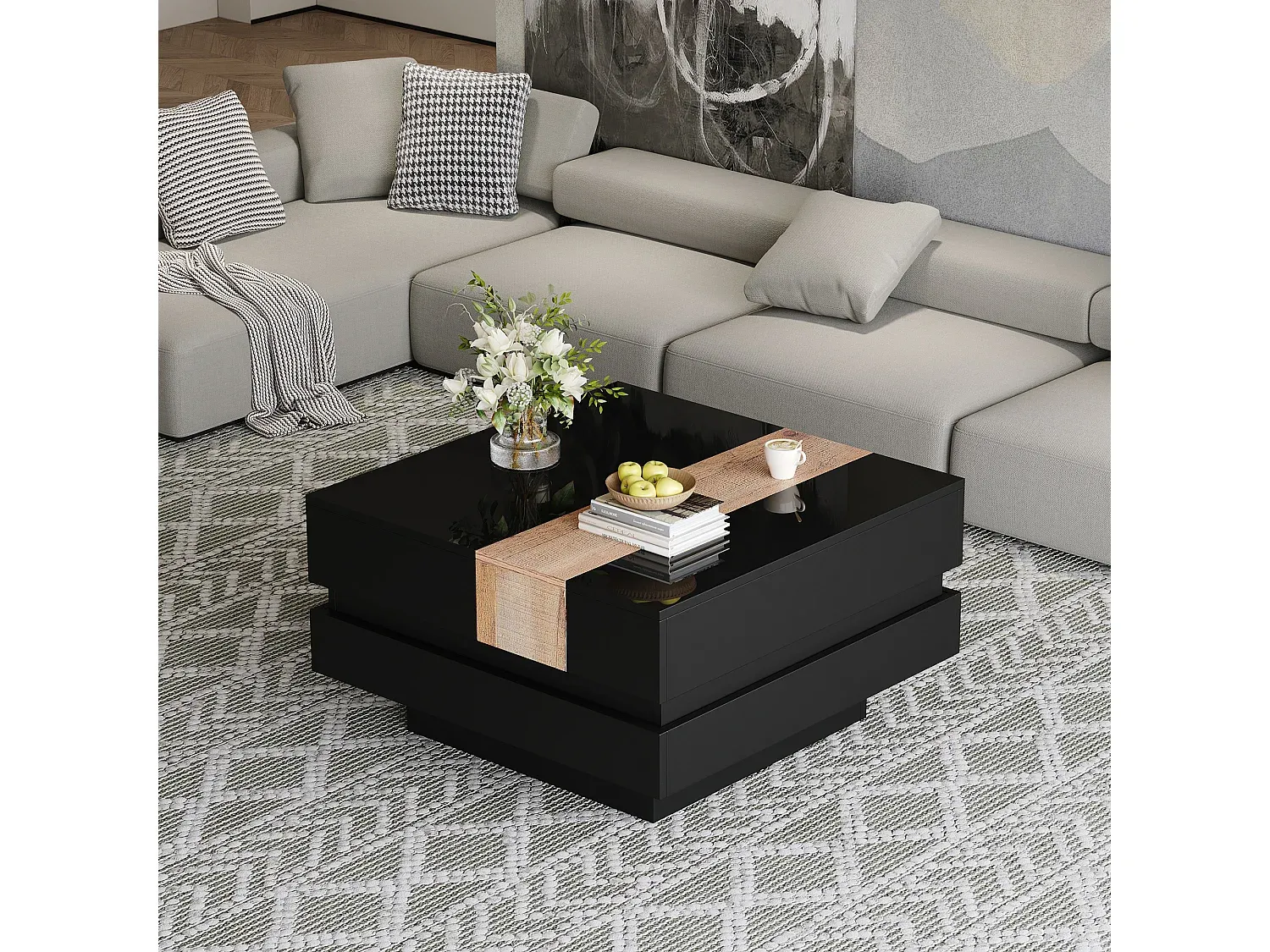 Moderner Couchtisch, ausziehbar mit Stauraum, schwarz