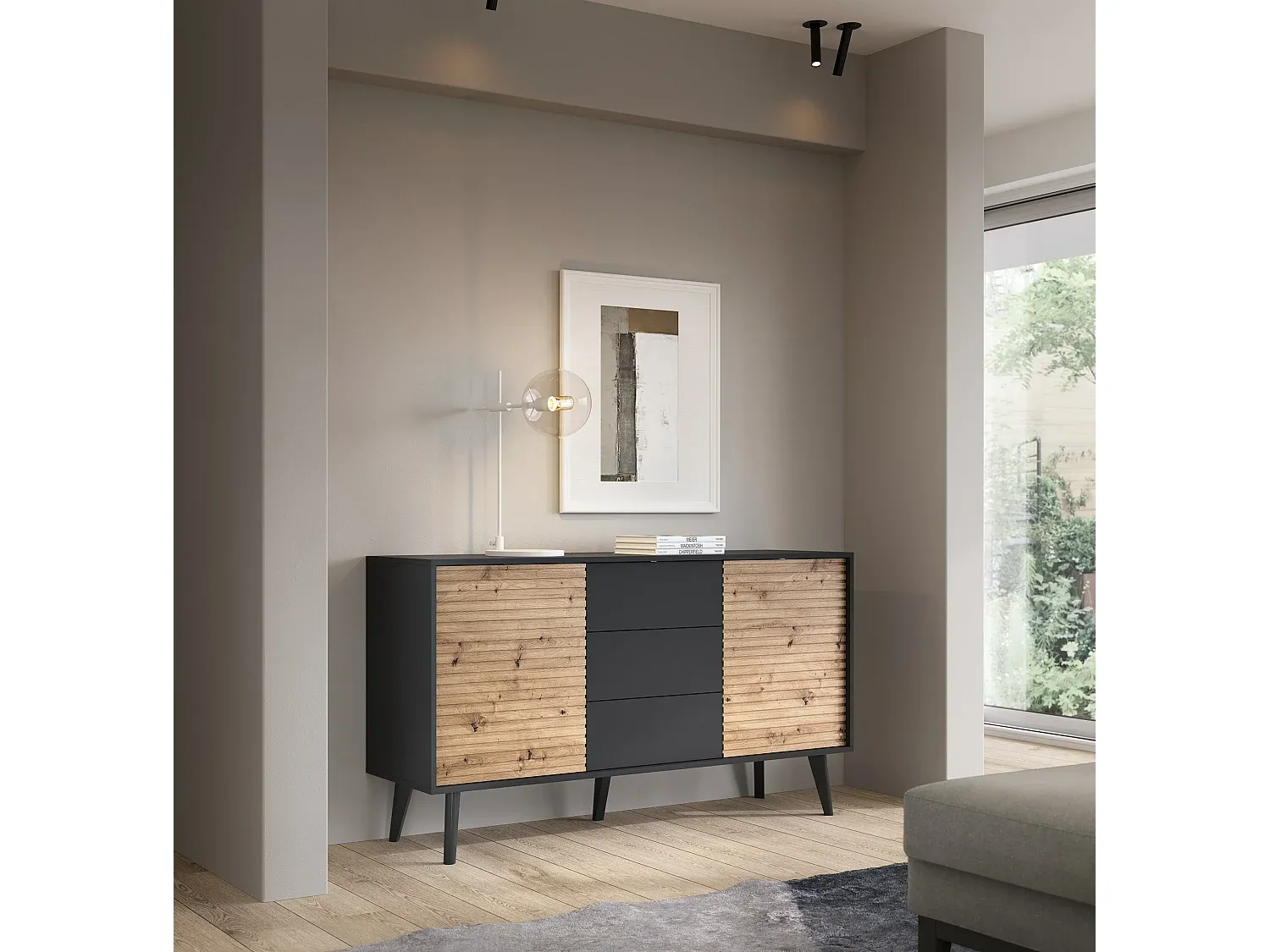 Moderner Beistellschrank mit Eichenoptik und Schwarz