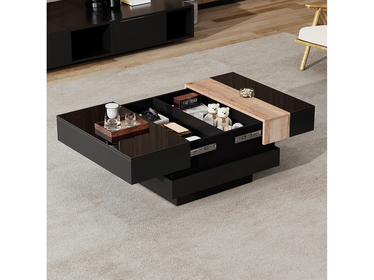 Moderner Couchtisch, ausziehbar mit Stauraum, schwarz