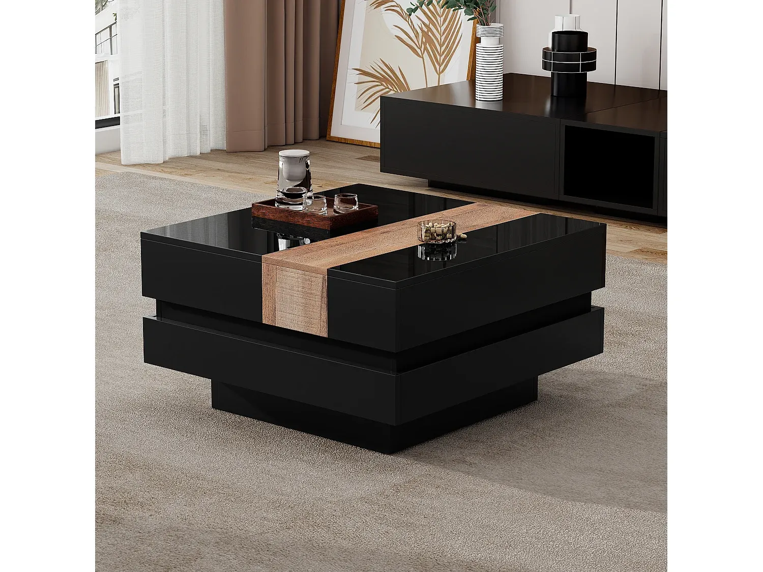 Moderner Couchtisch, ausziehbar mit Stauraum, schwarz