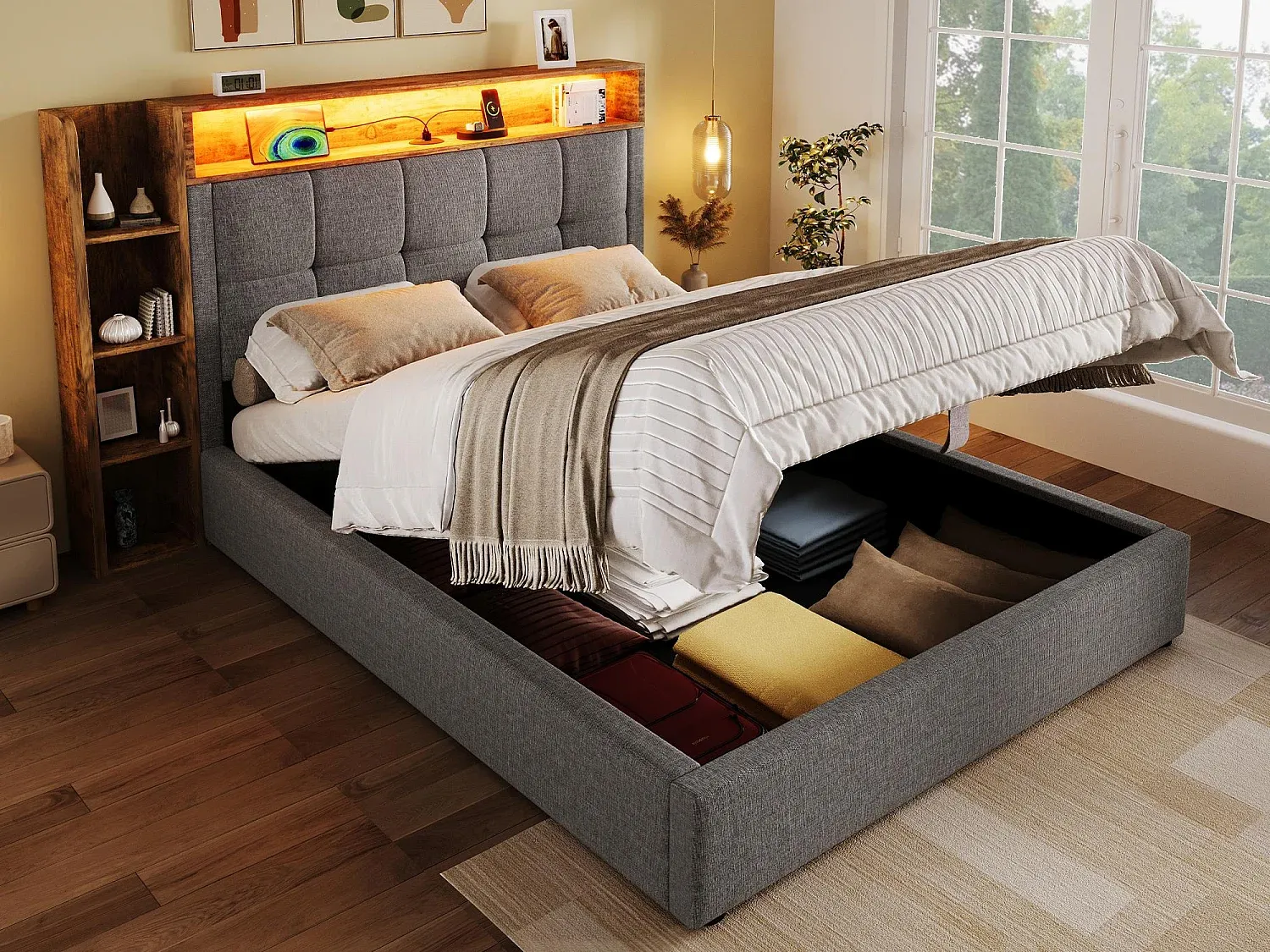 Einzelbett mit Stauraum und LED-Beleuchtung, 90x200 cm, USB Type-C, leinen beige