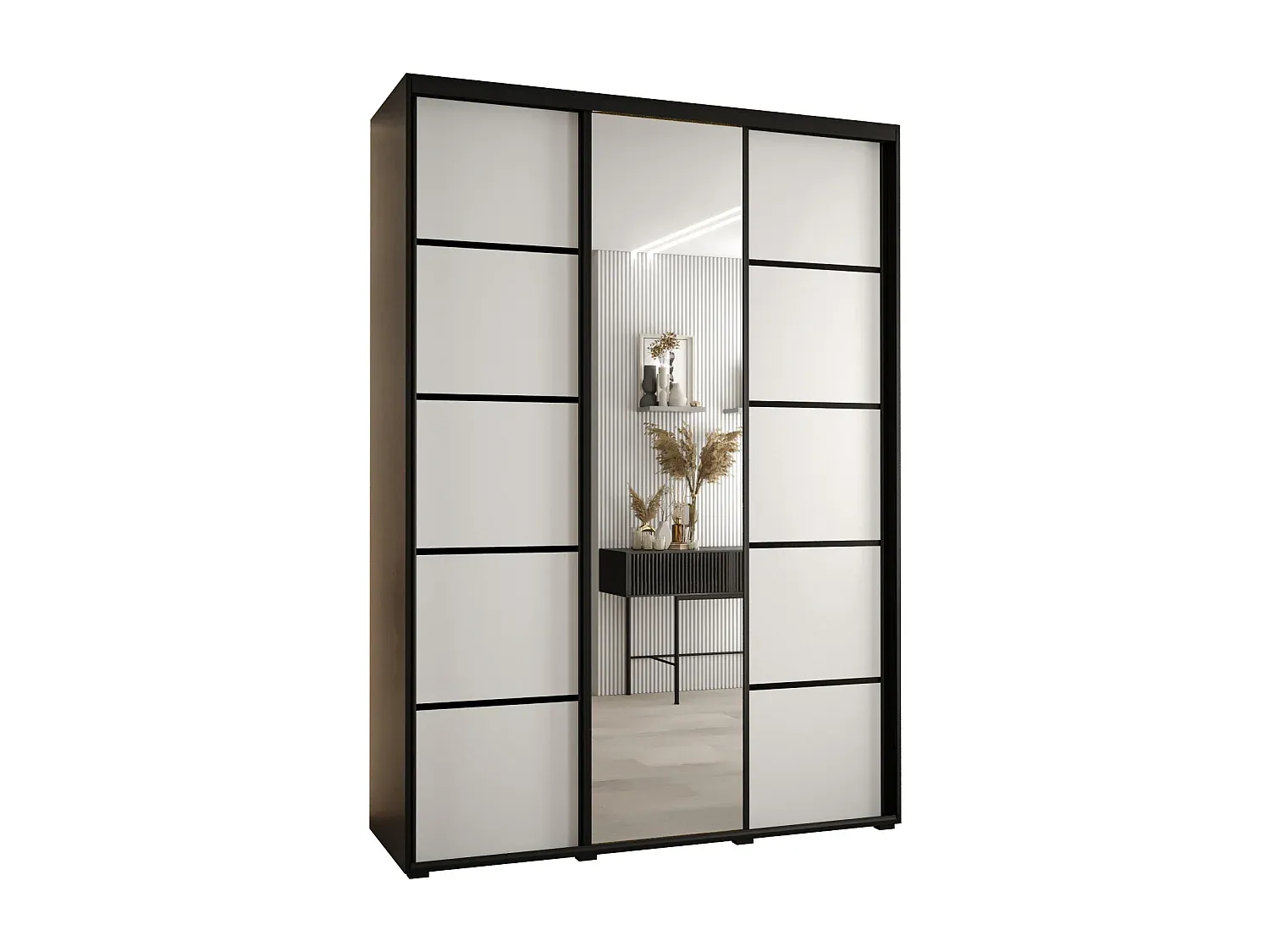 Großer Kleiderschrank mit Schwebetüren, 3-türig, Schwarz/Weiß