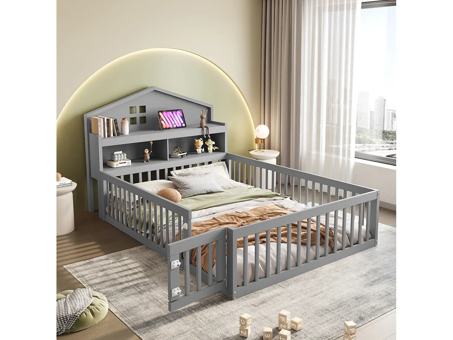 Hausbett für Kinder mit Regalen und Stauraum, absturzgesichert, inklusive Lattenrost, grau