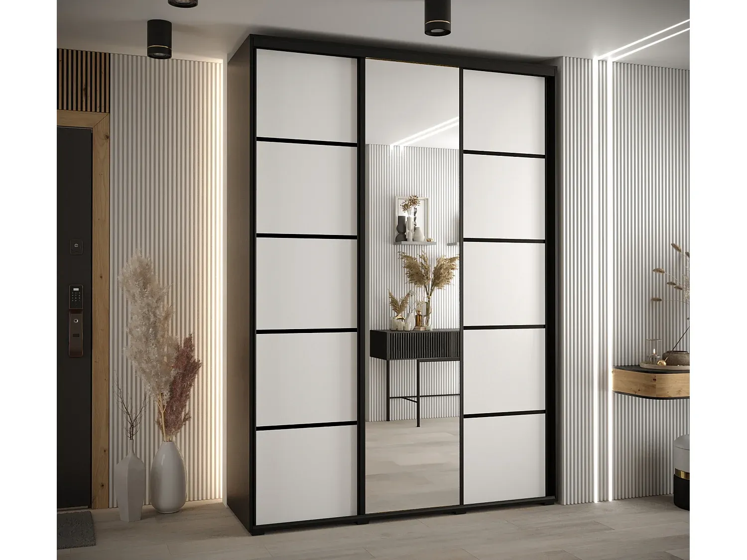 Großer Kleiderschrank mit Schwebetüren, 3-türig, Schwarz/Weiß