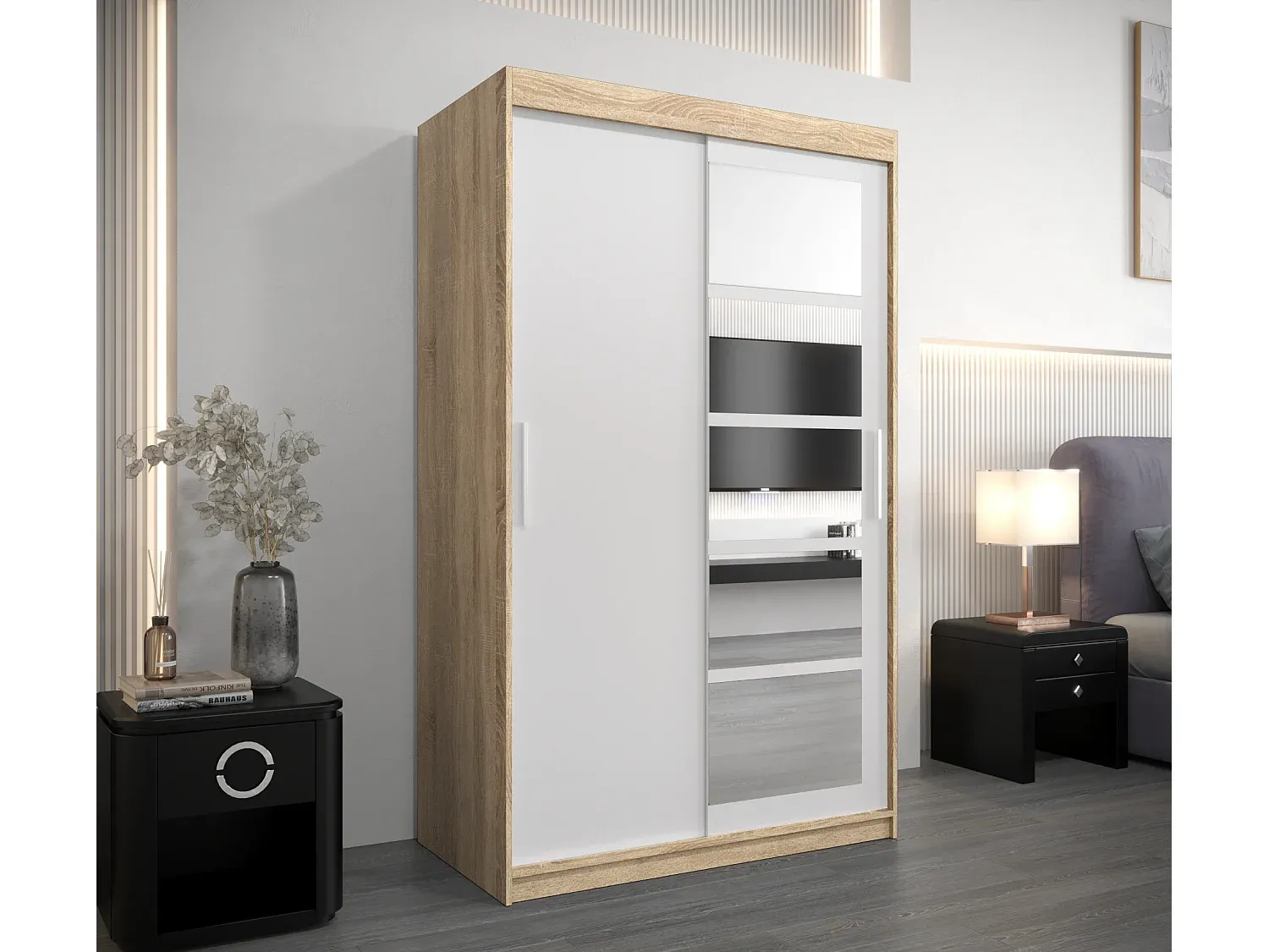 Großer Schwebetürenschrank in Sonoma Eiche und Weiß