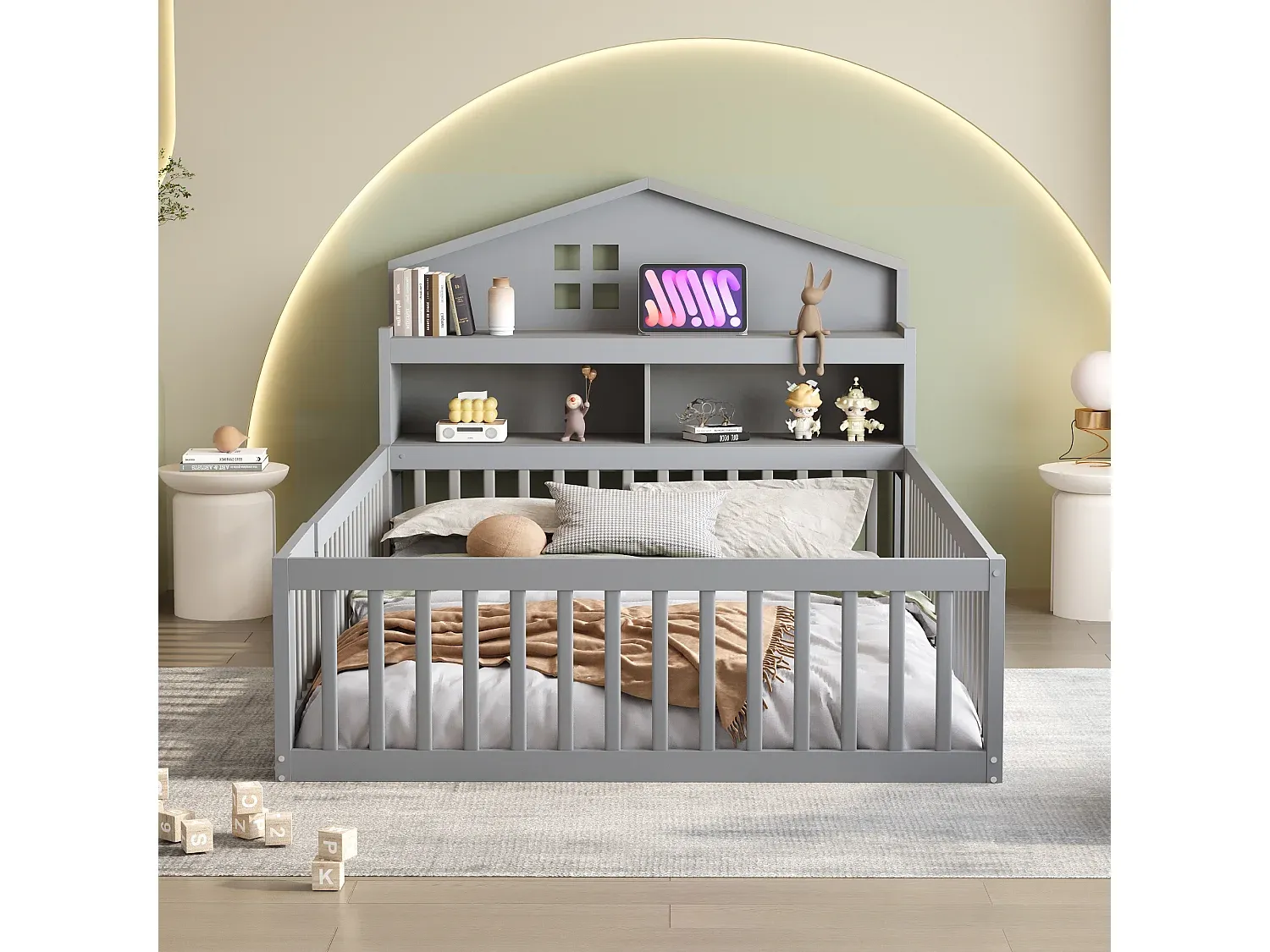 Hausbett für Kinder mit Regalen und Stauraum, absturzgesichert, inklusive Lattenrost, grau