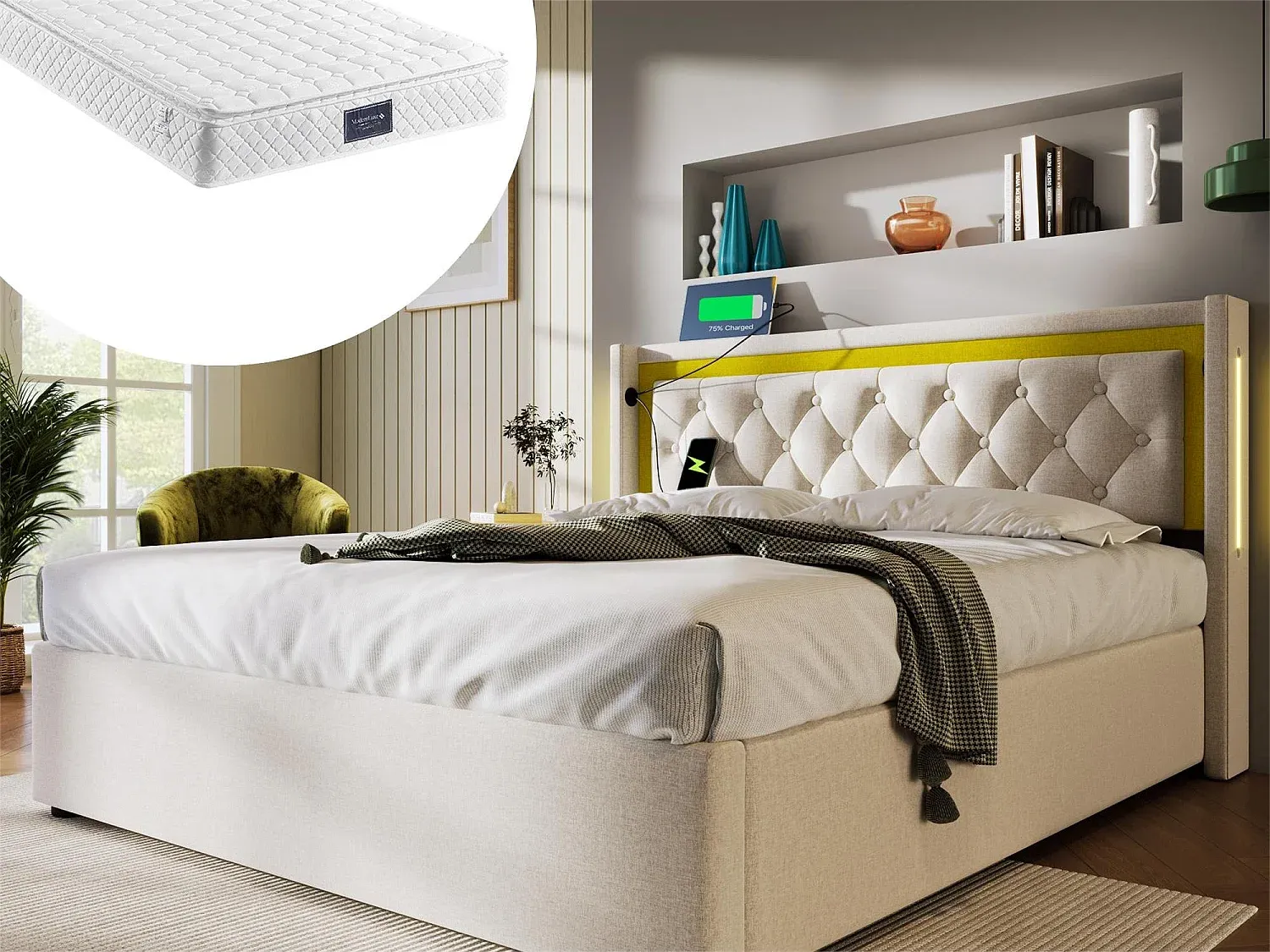 Stauraumbett 160 x 200 cm mit LED-Beleuchtung und USB Typ C, Beige inklusive Matratze