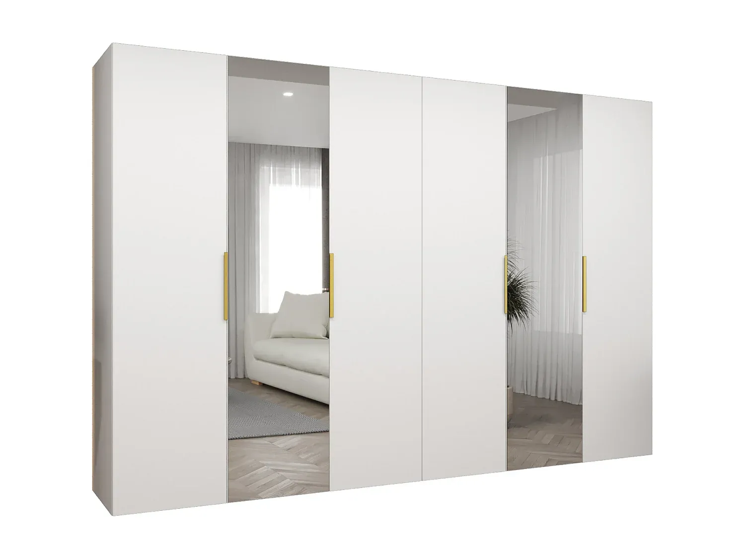 Großer Kleiderschrank mit Drehflügeltüren und goldenen Akzenten